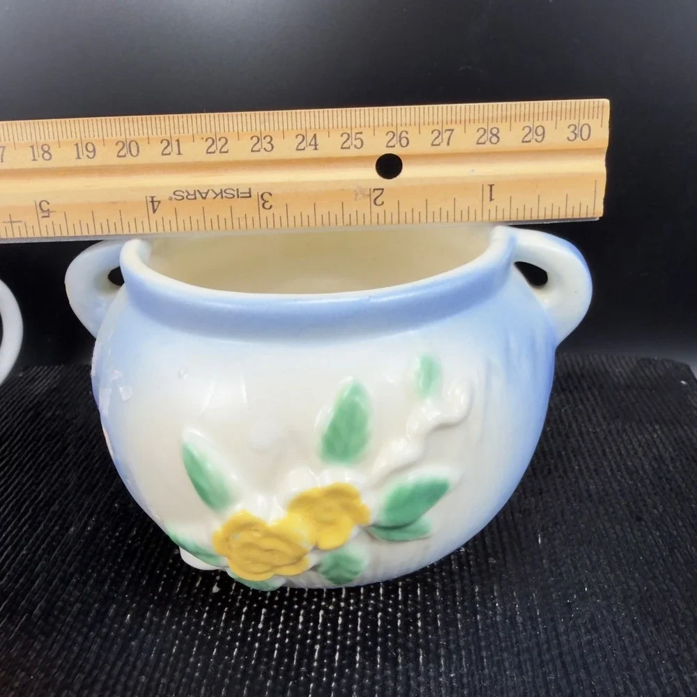 Vintage Pottery Flower Planter Blue‎ White Yellow Rose Relief Double Handle Pot